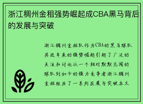 浙江稠州金租强势崛起成CBA黑马背后的发展与突破