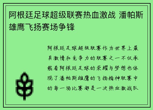 阿根廷足球超级联赛热血激战 潘帕斯雄鹰飞扬赛场争锋